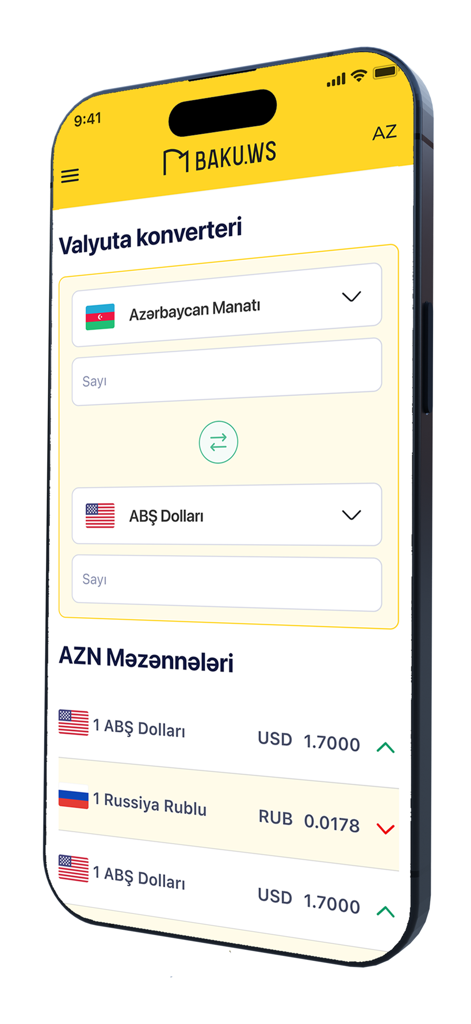 Baku.Ws Xəbər Agentliyi - Baku.ws app currency converter interface showing exchange rates for Azerbaijani Manat and US Dollar