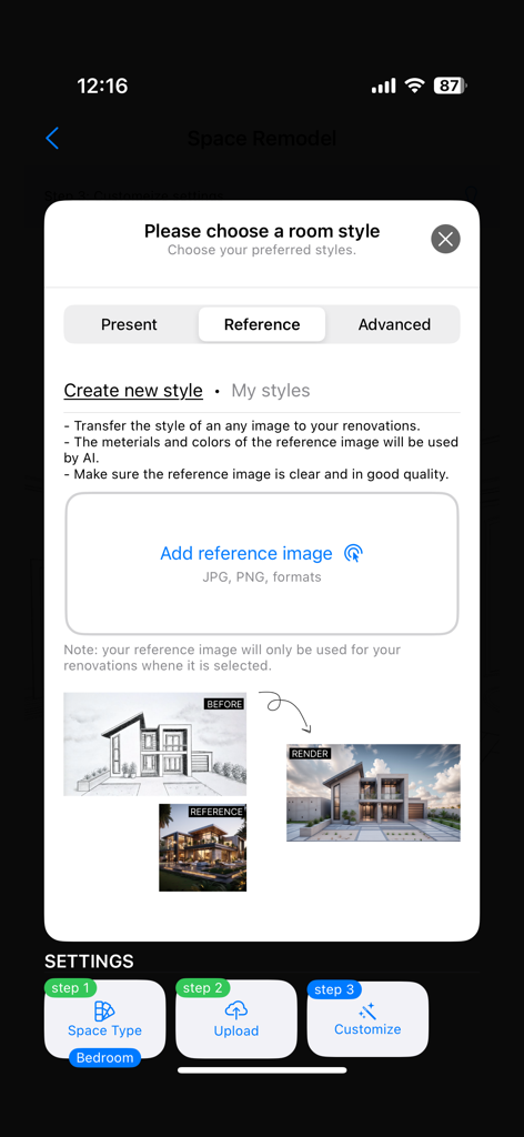 Space Remodel - Space Remodel app interface for choosing a room style by adding a reference image for AI architectural rendering