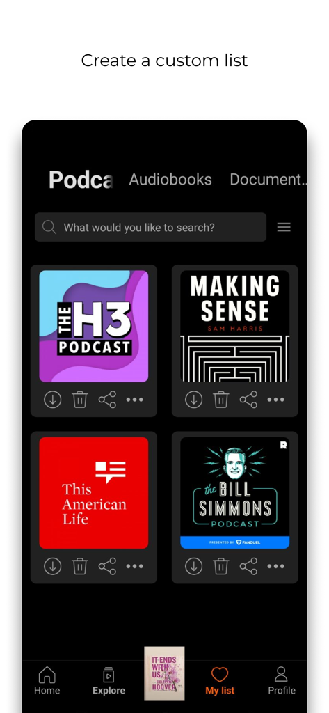 Ubook: Audiobooks - A screen from the Ubook app showing a custom list of podcasts with options to search and download content