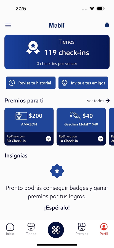 Dashboard utente dell'App Mobil che mostra il saldo dei punti check-in e i premi disponibili per carte regalo Amazon e benzina.