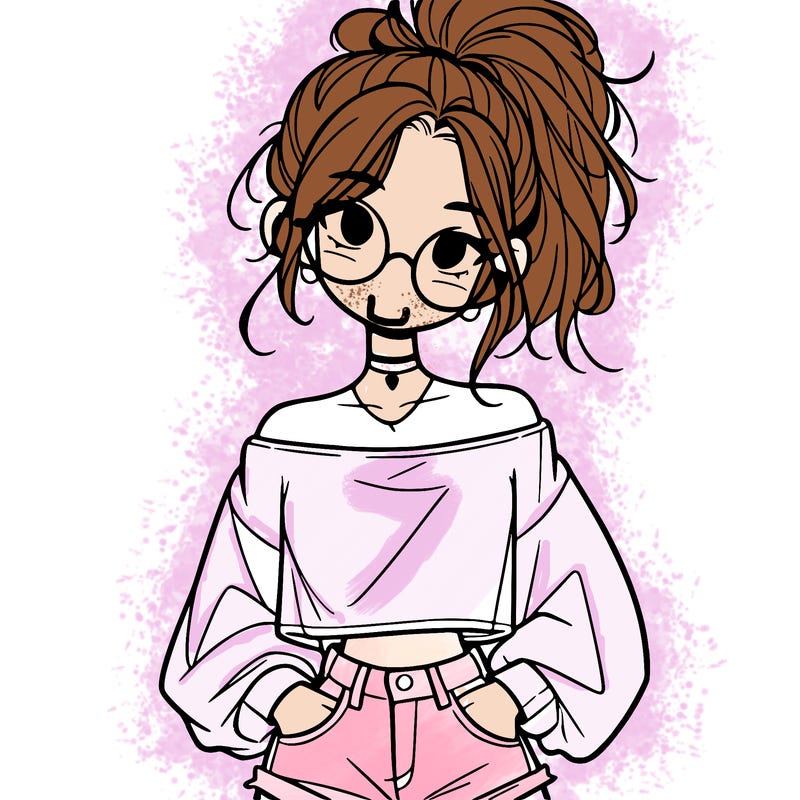 girl with a messy ponytail glasses a baggy crop top and jean shorts