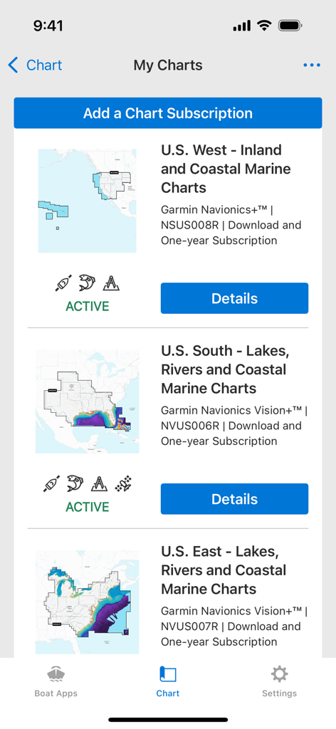 ActiveCaptain® - L'écran Mes cartes de l'application ActiveCaptain affichant une liste d'abonnements actifs aux cartes marines Garmin Navionics pour diverses régions des États-Unis