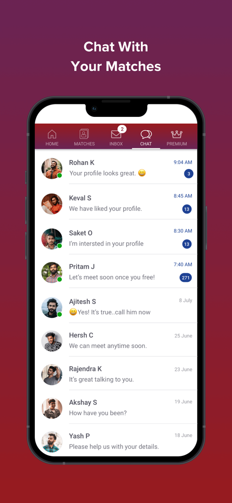 Interface de chat do aplicativo de matrimônio Sangam mostrando uma lista de conversas com possíveis matches