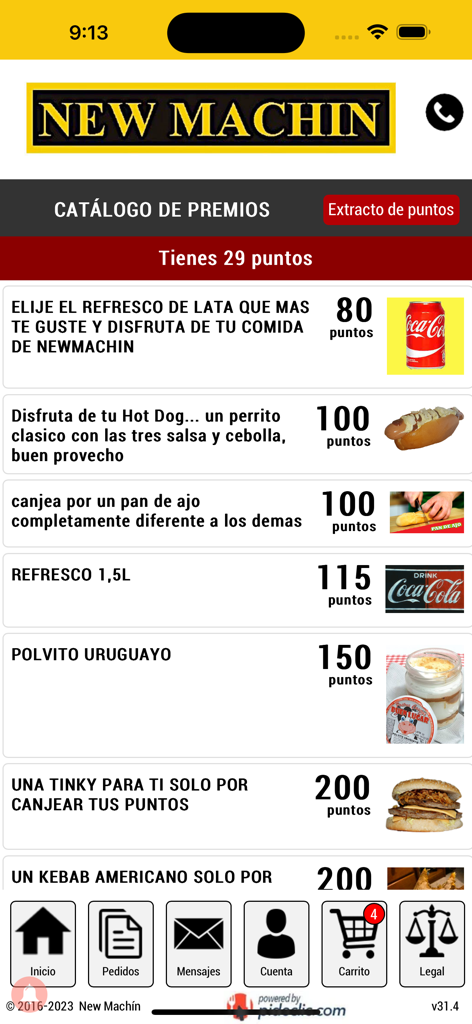 Pantalla del catálogo de recompensas de la aplicación New Machin 4.0 que muestra el saldo de puntos de fidelidad y los artículos de comida para canjear