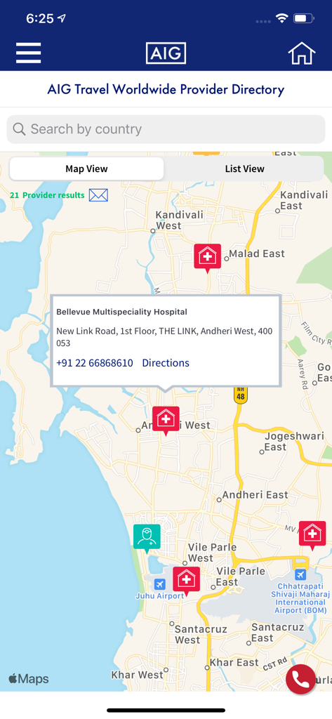 AIG Travel Assistance - Vista de mapa de la aplicación AIG Travel Assistance que muestra proveedores médicos cercanos y detalles del hospital