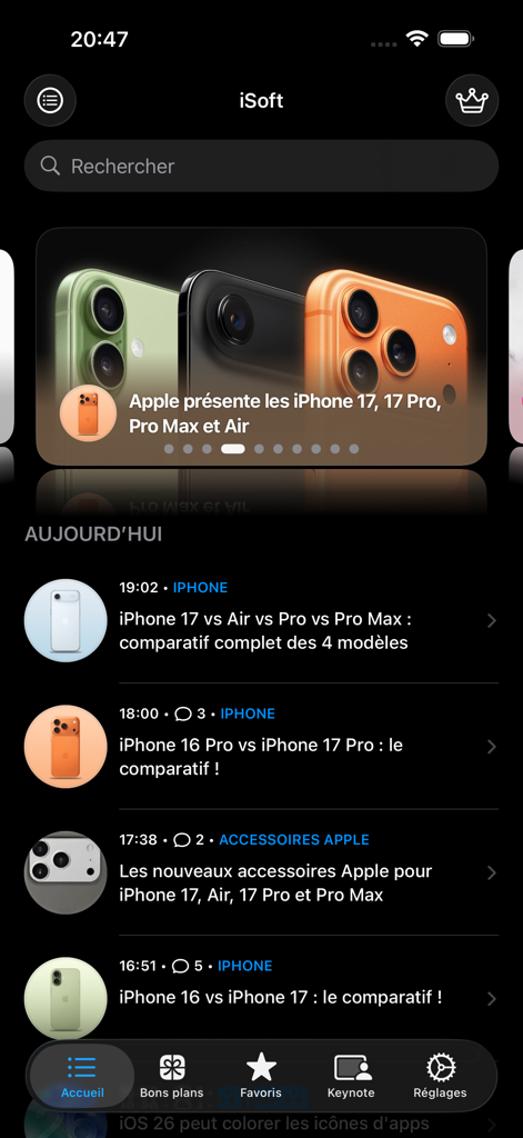 iSoft : the french blog - iSoft 앱의 홈 화면으로, 프랑스어로 된 Apple 뉴스 기사와 iPhone 비교가 표시됩니다.