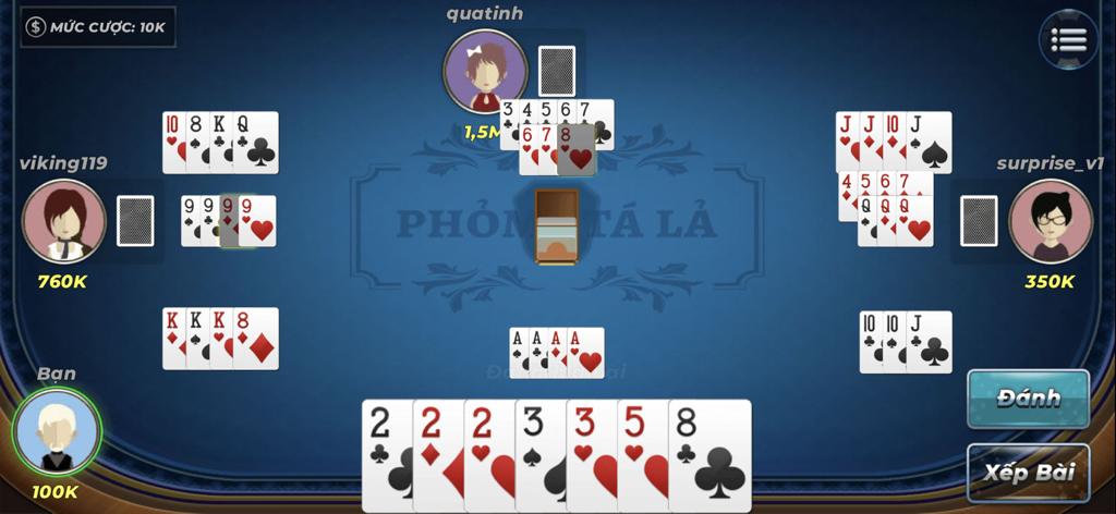 Gameplay interface of Phom Ta La Offline card game featuring four players