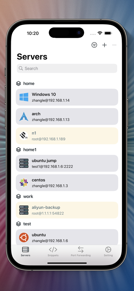 TermBean - SSH SFTP Client - iPhone screenshot of TermBean app showing an organized list of configured SSH servers with OS icons and IP addresses