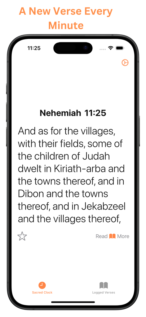 Bible Verse Clock - Tela de smartphone exibindo o aplicativo Relógio de Versículos Bíblicos mostrando uma passagem de escritura para a hora atual