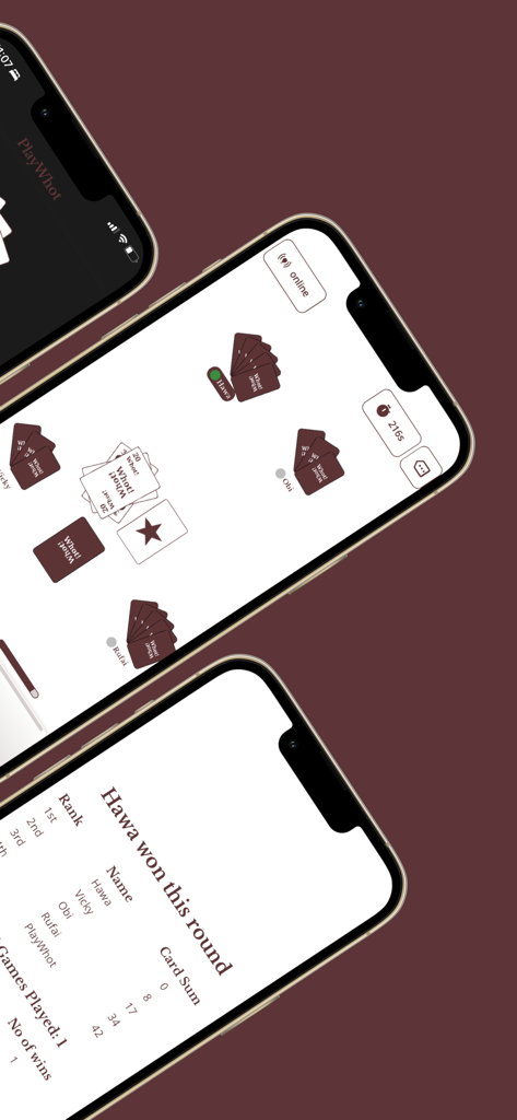 Play Whot app screenshots showing a multiplayer card game match and the round results leaderboard