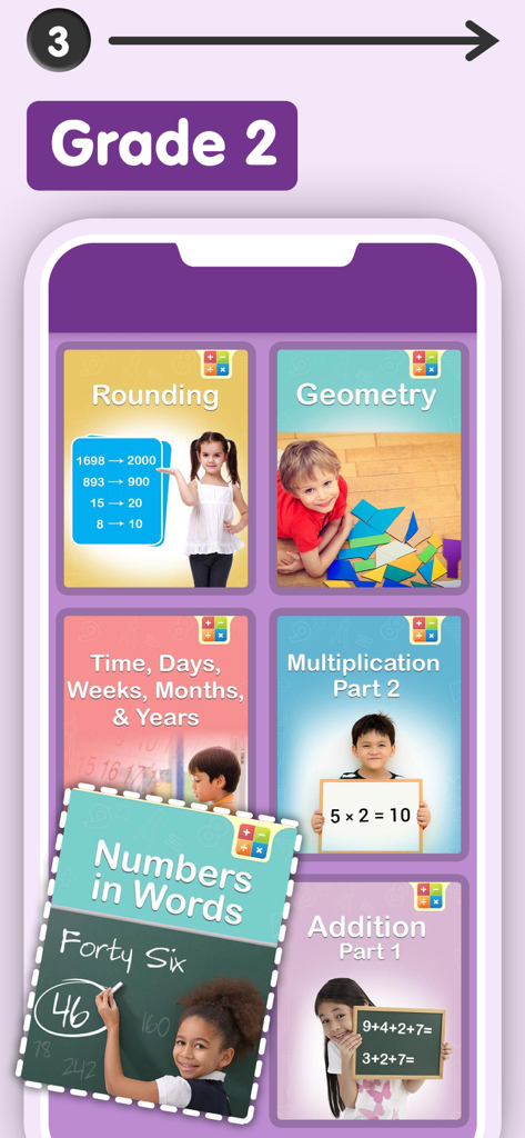 Smart Kidz Club Grade 2 math interface showing topics like rounding geometry and multiplication