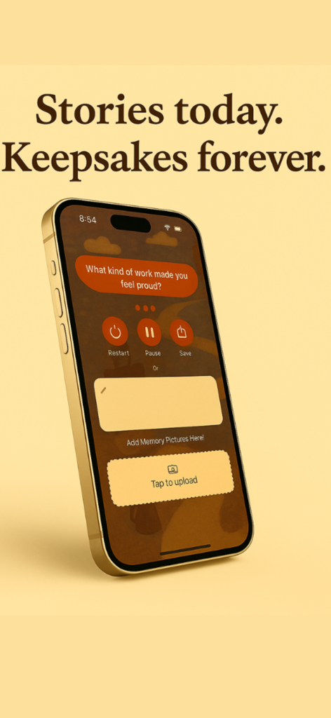 Memoir: Record Your Life Story - Smartphone displaying the Memoir app recording interface with a life story prompt and voice controls
