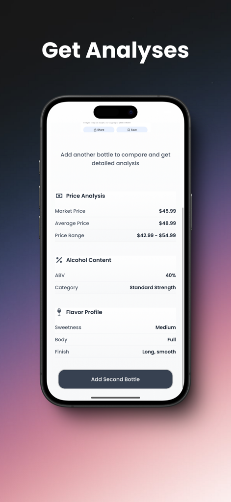 Alc AI - Smartphone screen showing Alc AI app's price analysis and flavor profile for an alcohol bottle