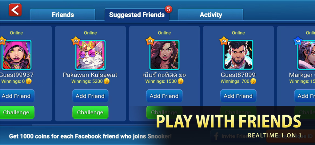 Una captura de pantalla del menú de Amigos Sugeridos en el juego Snooker Elite Online que muestra avatares de jugadores y opciones para agregar o desafiar amigos.