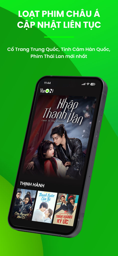 VieON mobile app screen displaying a variety of updated Asian dramas and films