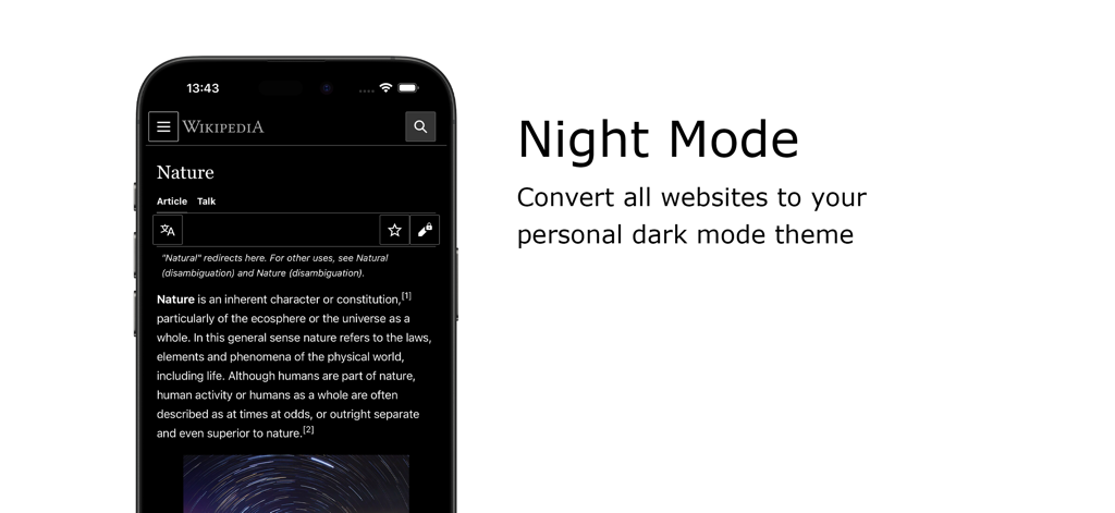 Uno smartphone che mostra Wikipedia in modalità scura utilizzando l'estensione Turn Off the Lights per Safari