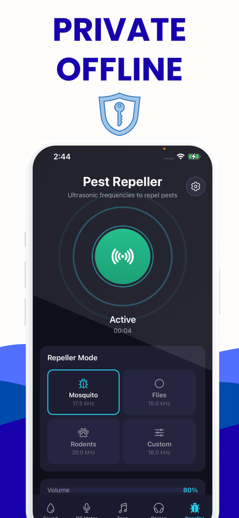 Smartphone screen displaying ultrasonic pest repeller settings for mosquito and rodent control