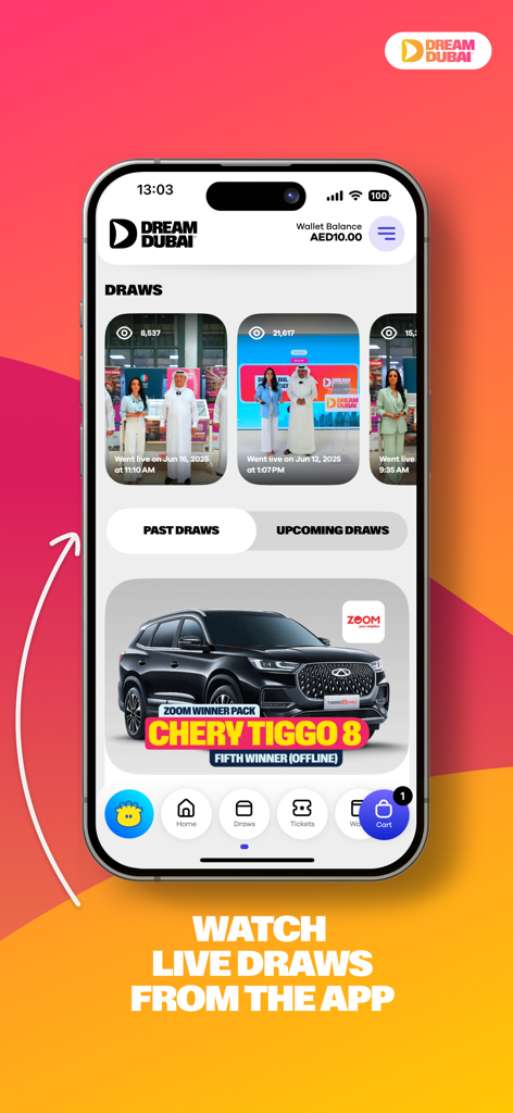 Dream Dubai - Dream Dubai mobile Anwendung, die vergangene und bevorstehende Preisverlosungen zeigt