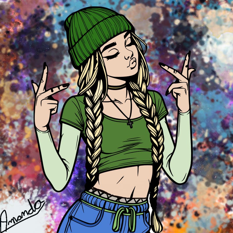 realistic teenage girl with braids and a beanie and crop top doing 🫶🏼