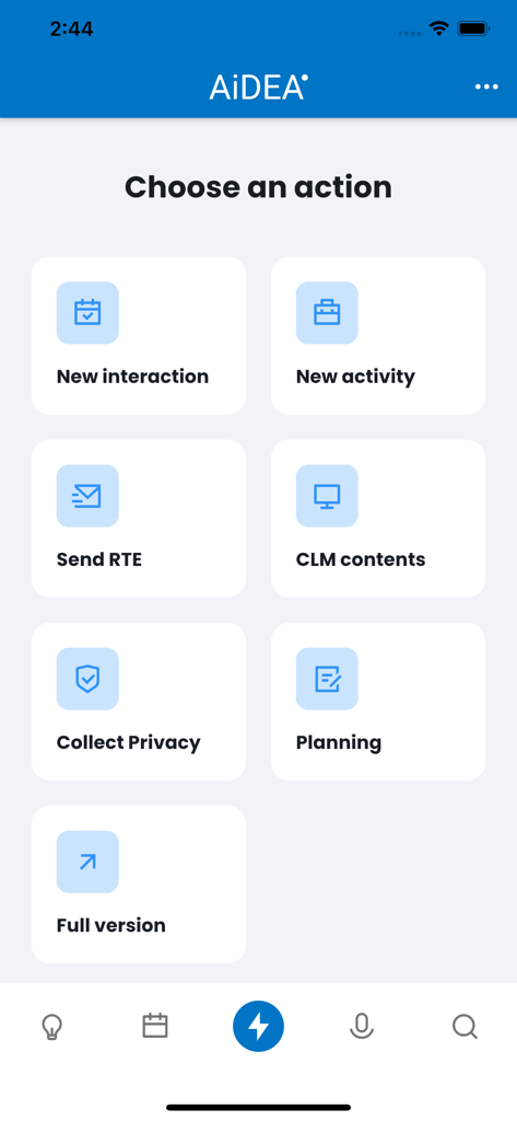 AiDEA App-Oberfläche mit einem Menü von Schnellaktionen für Pharma-Vertriebsprofis, einschließlich neuer Interaktion und Planung