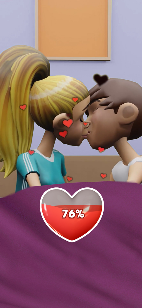 Kiss in Public: Dating Choices - ハート型のプログレスバーが表示された部屋でキスをしている2人の漫画キャラクター、76％を示しています