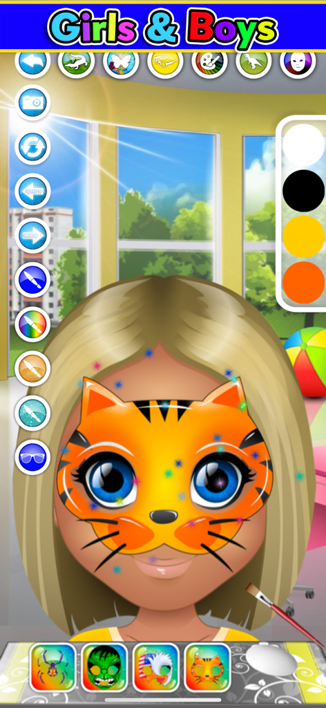 Kids Face Paint: Coloring Game - Una niña con pintura facial de tigre naranja y brillos en la interfaz de la aplicación móvil Kids Face Paint.