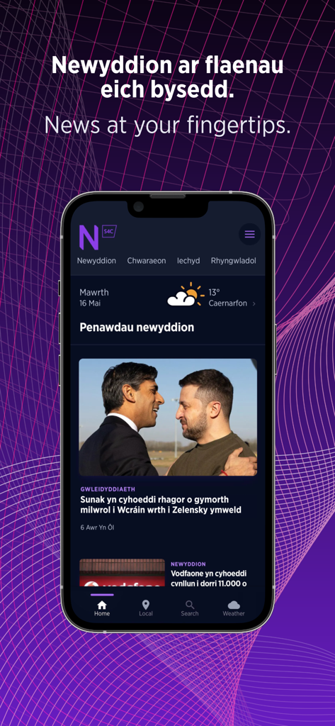 Newyddion S4C - Newyddion S4C app interface showing news headlines in the Welsh language and a local weather forecast.