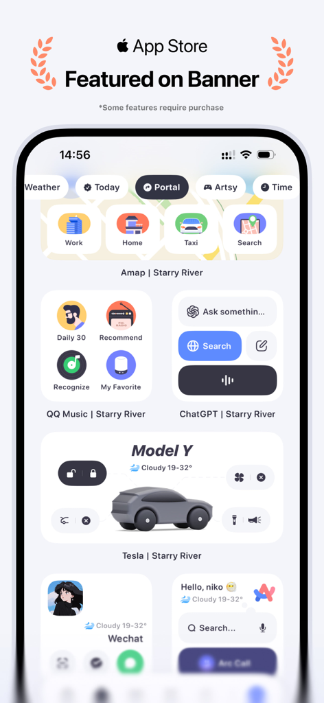 Koco Widgets - Island Custom - An iPhone home screen showing various custom widgets including Tesla car controls ChatGPT and music player apps