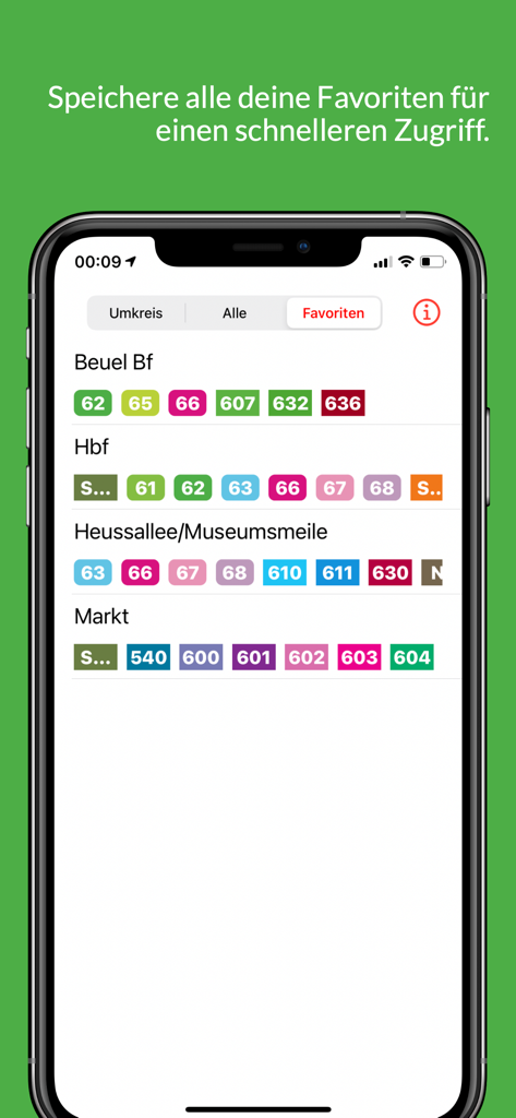 Una lista de paradas y líneas de tránsito favoritas en la aplicación Bonner Bus y Bahn