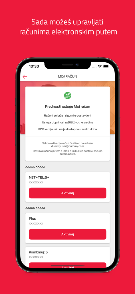 Moj m:telアプリのインターフェース。電子請求書オプションとボスニアの通信サービスの管理が表示されています。