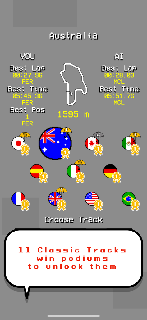Menú de selección de pista en Formula 11 Mini Racing con 11 pistas clásicas y estadísticas de carrera.