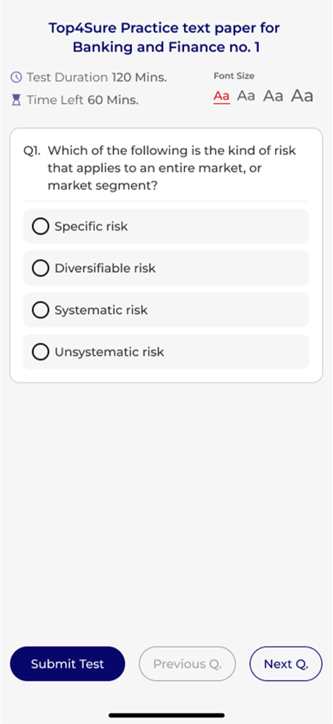 TOP4SURE - A mobile screen from the TOP4SURE app showing a banking and finance practice question with multiple choice options.