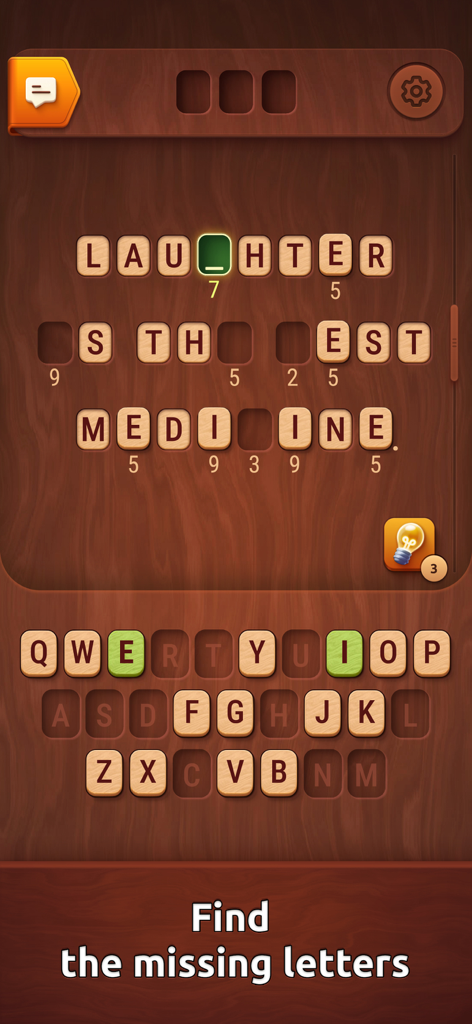 Colorwood Words - Cryptogram - A word puzzle game with wooden letter tiles on a dark wood background featuring the phrase Laughter is the best medicine