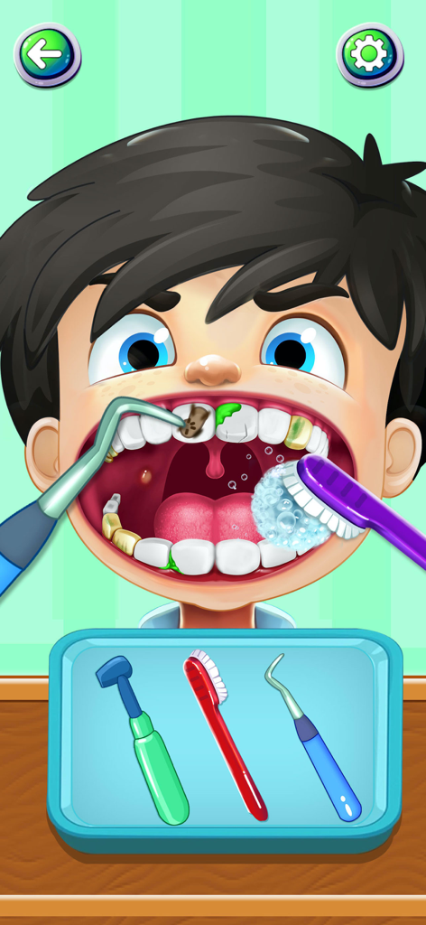 Cartoon boy receiving dental treatment with a toothbrush and scraper in a dentist surgery simulator