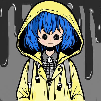 little anime girl in a raincoat her hair is covering her eyes she has a lighter