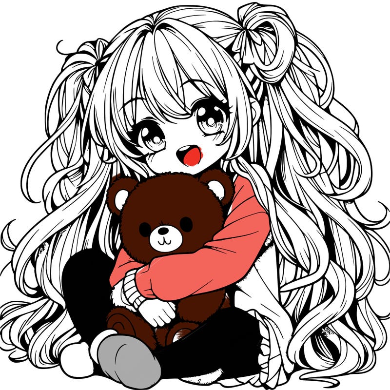 manga girl, long curly hair, happy, cuddling a teddy bear