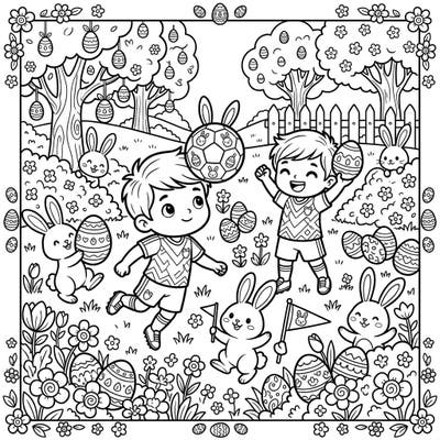 Get ready for a unique Easter celebration with our dynamic coloring page featuring cheerful soccer players showcasing their heading skills. They're surrounded by adorable bunnies, festive eggs, and blooming spring flowers, promising hours of creative fun.