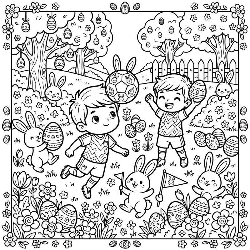 Get ready for a unique Easter celebration with our dynamic coloring page featuring cheerful soccer players showcasing their heading skills. They're surrounded by adorable bunnies, festive eggs, and blooming spring flowers, promising hours of creative fun.