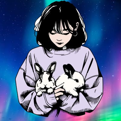 realistic girl with messy bunny baggy sweatshirt and holding bunnies