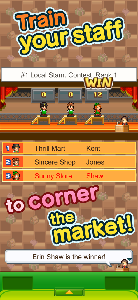 Biz Builder Delux SP - A pixel art screenshot of Biz Builder Delux SP showing characters in a staff competition with the winner announcement