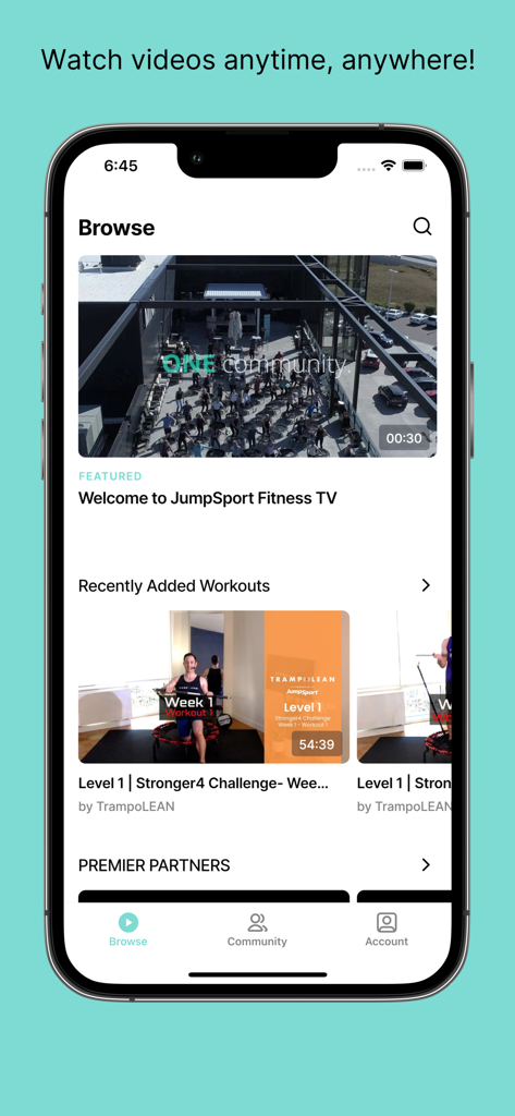JumpSport Fitness TV app browse screen showing featured and recently added trampoline workout videos