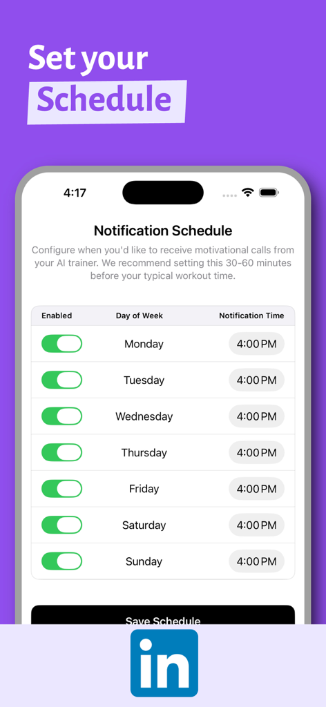 Trainer AI: Workout Motivation - トレーナーAIアプリで、モチベーションのあるワークアウトコールのための週次スケジュールを設定する画面