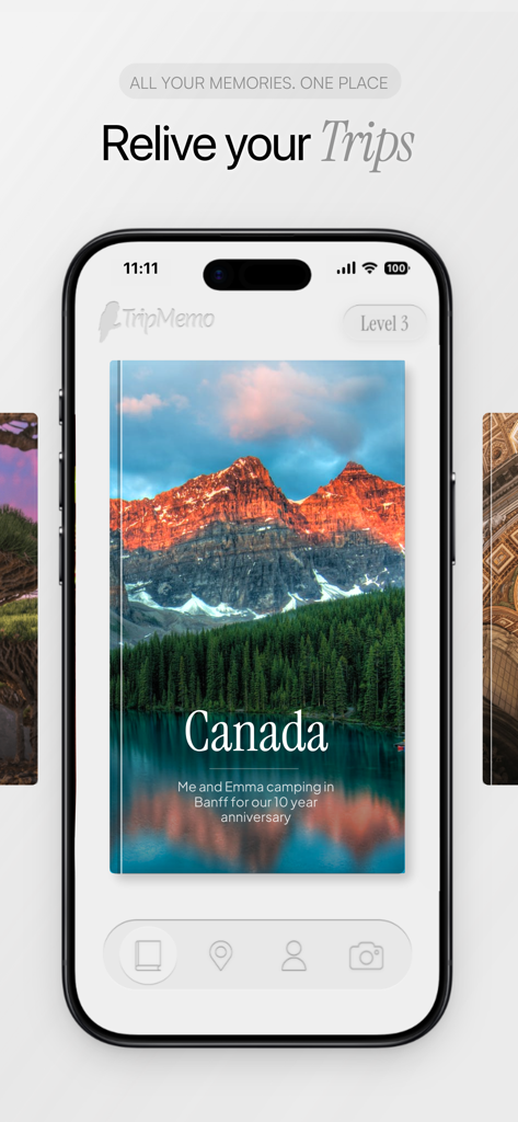 TripMemo | Travel Journal - A mobile phone displaying the TripMemo travel journal app with a digital trip book for Canada featuring a scenic mountain landscape.