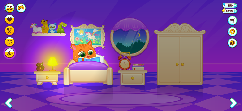 Bubbu the virtual pet cat reading a book in his purple bedroom during a bedtime routine.