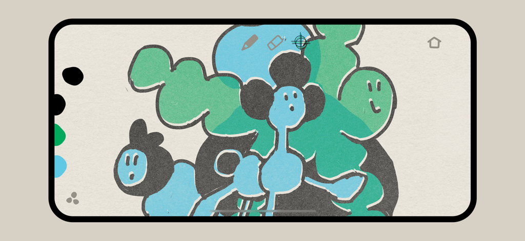 A mobile interface of the Graintouch app featuring a grainy risograph-style illustration with minimal UI.