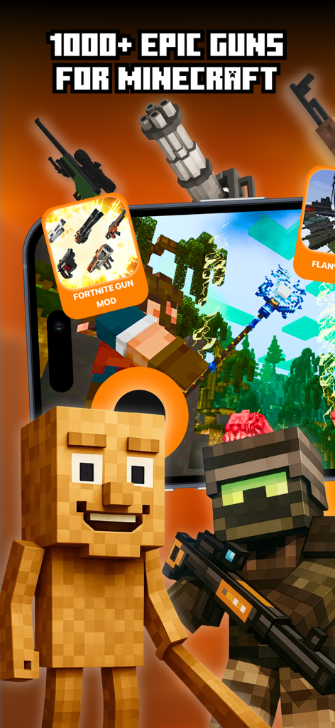 Guns Mods for Minecraft - Una pantalla promocional de una aplicación de mods de Minecraft que muestra varias armas 3D, una skin militar táctica y un paquete de armas temático de Fortnite.