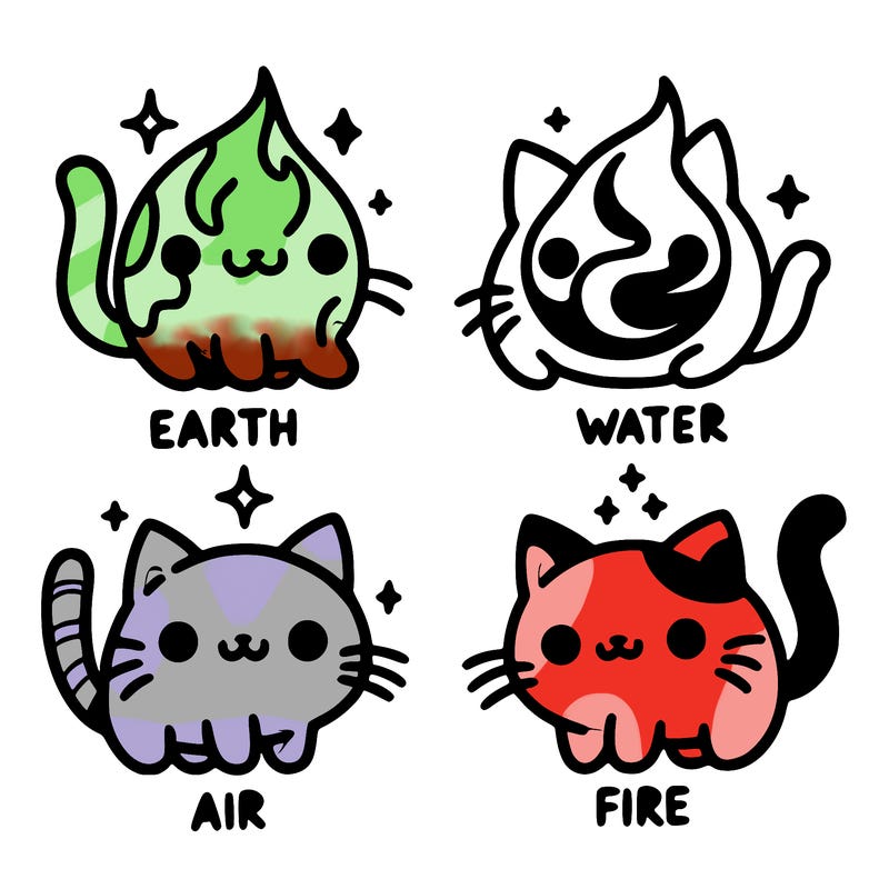4 cats that represent the different elements, earth, water, air, and fire