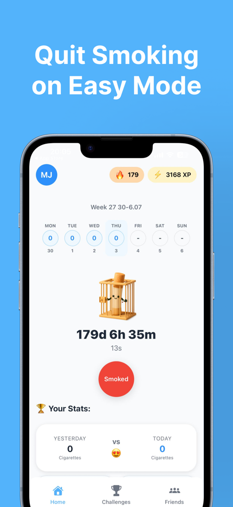 Bequit - Quit Smoking - Bequit mobile app dashboard showing a 179 day quit smoking streak and daily cigarette counters