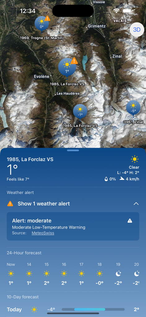 Tap Weather - Tap Weatherアプリに、天気ピンと気温が中程度の低温注意が表示されている山岳地帯の衛星マップが表示されています