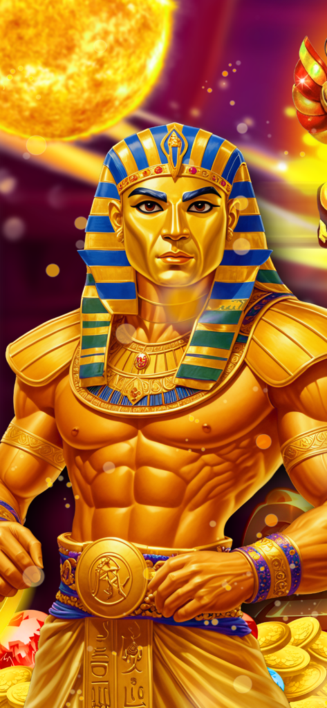 Egypt: Sun Eclipse - Personaje faraón dorado musculoso de pie frente a un sol brillante y montones de monedas de oro